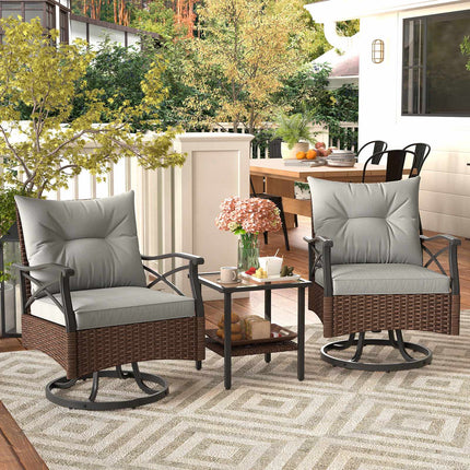 Outdoor Swivel Rocking Chair Set, 3-Piece With Glass Table