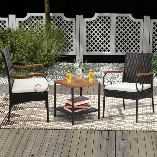 Outdoor Wicker Patio Chairs Set of 2, Acacia Arms, Cushions