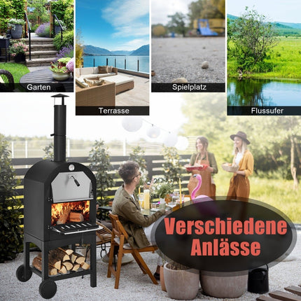 Outdoor Wood-Fired Pizza Oven with Wheels and Thermometer
