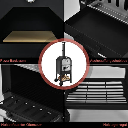 Outdoor Wood-Fired Pizza Oven with Wheels and Thermometer