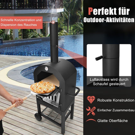 Outdoor Wood-Fired Pizza Oven with Wheels and Thermometer