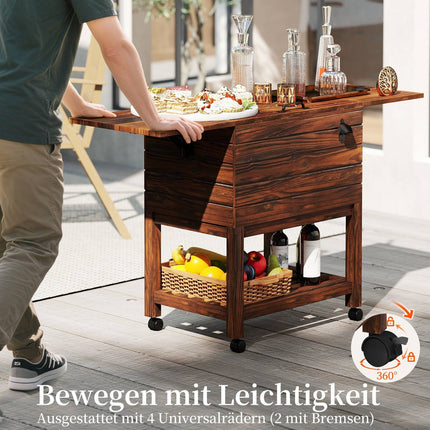 Outdoor Wooden Cooler Cart with Shelves, 51L Capacity