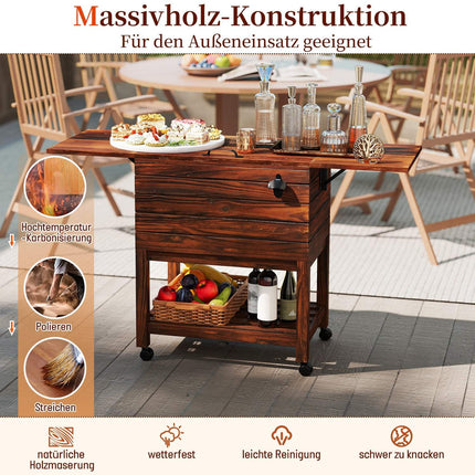 Outdoor Wooden Cooler Cart with Shelves, 51L Capacity