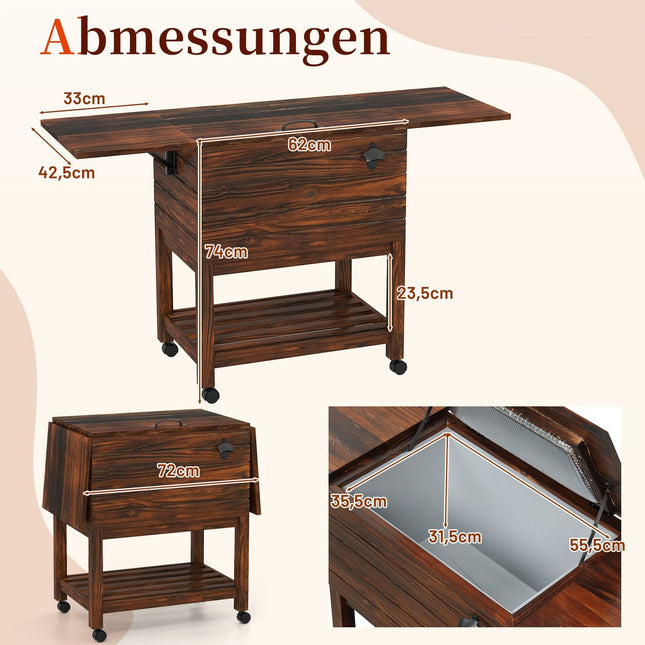 Outdoor Wooden Cooler Cart with Shelves, 51L Capacity