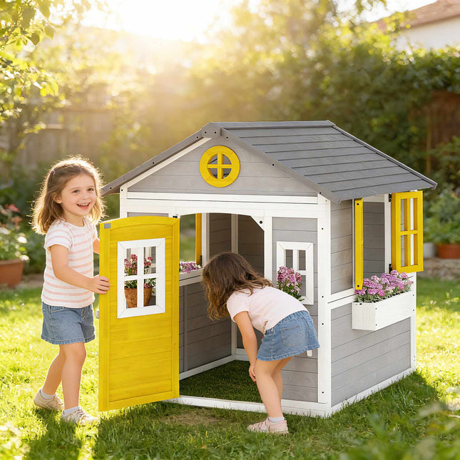 Outdoor Wooden Kids Playhouse, 6 Windows, 2 Flower Boxes, Grey