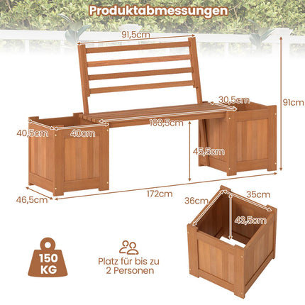Outdoor Wooden Planter Bench with Backrest and 2 Boxes