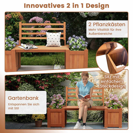 Outdoor Wooden Planter Bench with Backrest and 2 Boxes