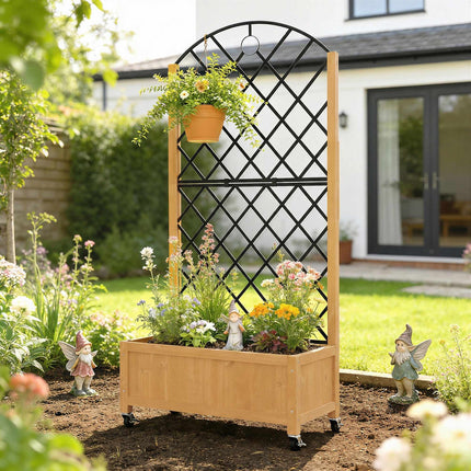 Outdoor Wooden Planter Box with Wheels and Trellis