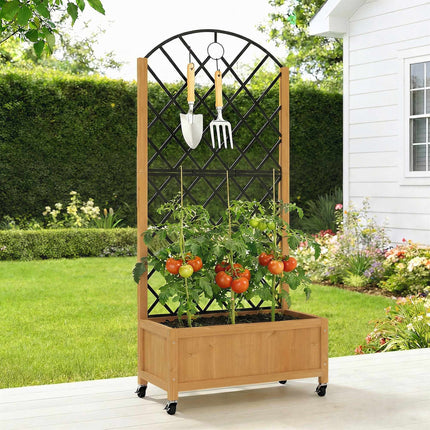 Outdoor Wooden Planter Box with Wheels and Trellis