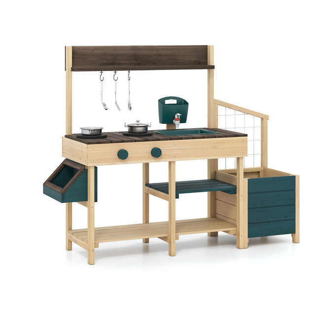 Outdoor Wooden Play Kitchen with Sink and Planter Box