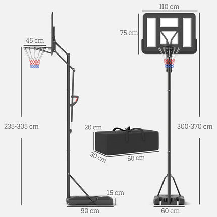 Adjustable outdoor basketball hoop with wheels, 230-305 cm