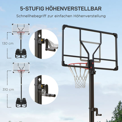 Adjustable outdoor basketball hoop with wheels, 130-310 cm