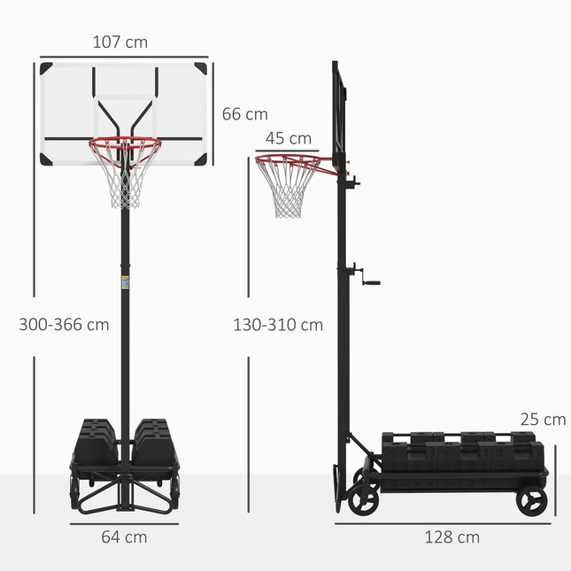 Adjustable outdoor basketball hoop with wheels, 130-310 cm