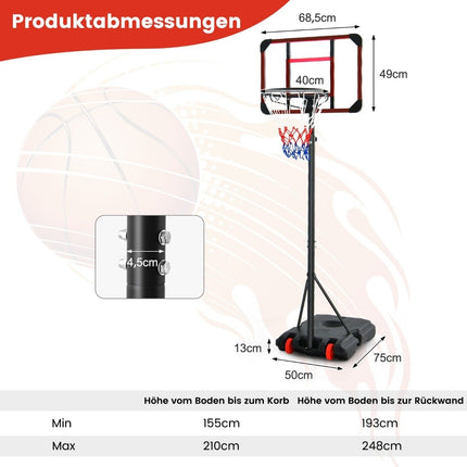 Outdoor basketball hoop with stand 155-210cm height-adjustable basketball stand black