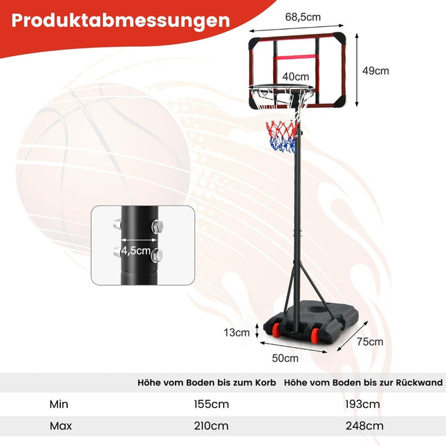 Buitenbasketbalring met standaard 155-210cm in hoogte verstelbare basketbalstandaard zwart