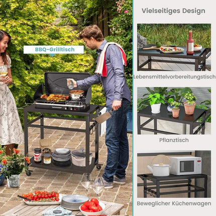 Outdoor grill cart with two shelves, 4 lockable wheels and side handle, black