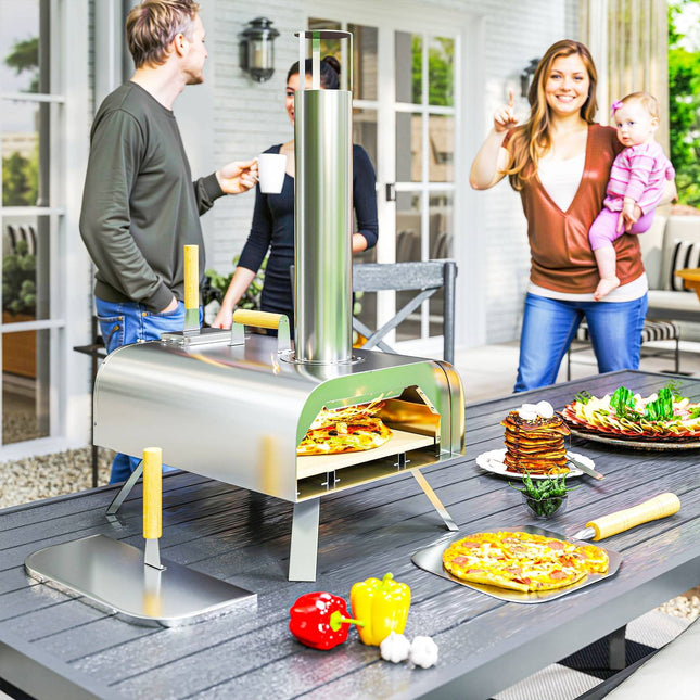 Wood-fired stainless steel pizza oven with stone, portable