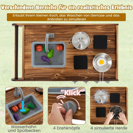 Outdoor play kitchen with 2 wheels & 1 push handle & rotating tap & removable sink in fir wood