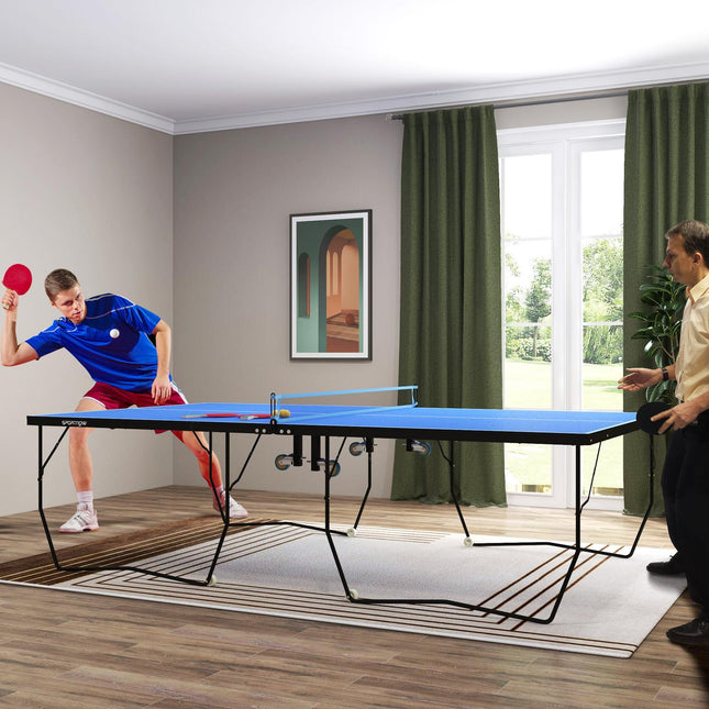 Outdoor tafeltennistafel, opvouwbare tafeltennistafel met net, wielen, 2 tafeltennisbats, 3 ballen, staal, blauw, 274x152,5x76cm