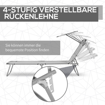 Folding sun lounger with 4-position backrest and roof