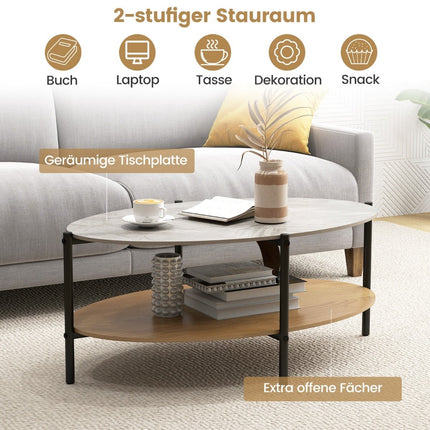 Oval Coffee Table, Marble Look, Metal Frame, 2-Tier, 105x65x43 cm