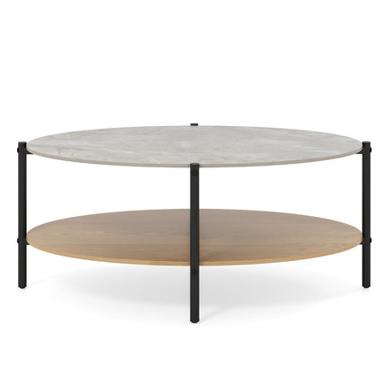 Oval Coffee Table, Marble Look, Metal Frame, 2-Tier, 105x65x43 cm