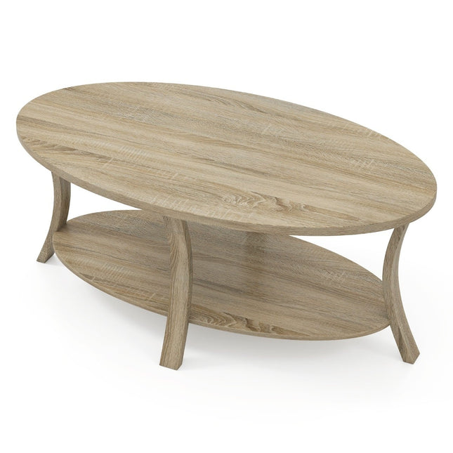 Oval Coffee Table with Shelf, 2-Tier Rubberwood Design