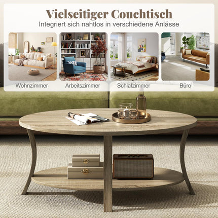 Oval Coffee Table with Shelf, 2-Tier Rubberwood Design