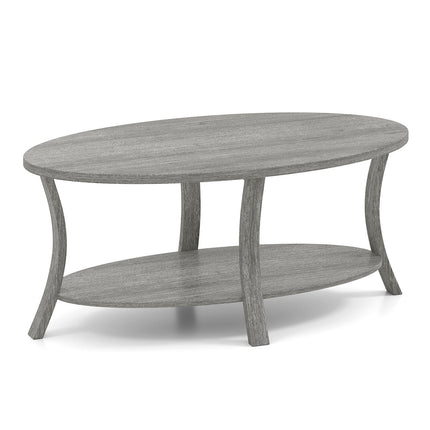 Oval Coffee Table with Shelf, Rubberwood, 2-Tier, Gray