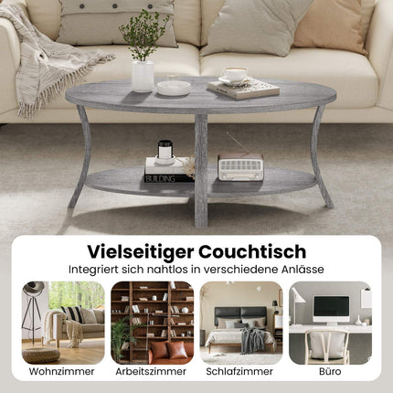 Oval Coffee Table with Shelf, Rubberwood, 2-Tier, Gray