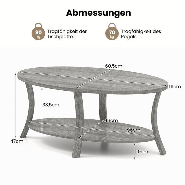 Ovale salontafel met plank, rubberhout, 2 niveaus, grijs
