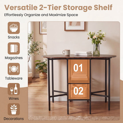 Oval Folding Dining Table with Shelves, Metal Frame, Brown