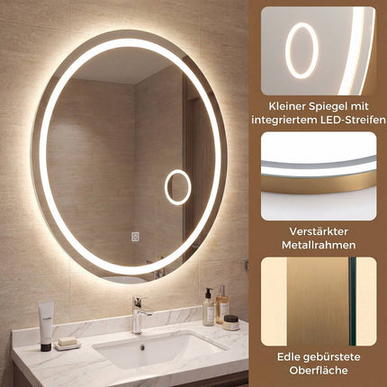 Oval LED Bathroom Mirror, Dimmable, 60x50 cm, 3 Light Colors