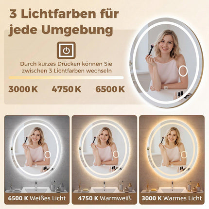 Oval LED Bathroom Mirror, Dimmable, 60x50 cm, 3 Light Colors