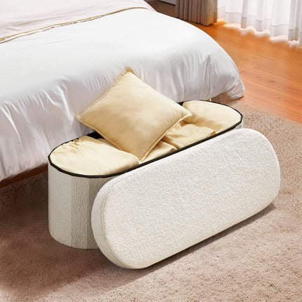 Oval Storage Ottoman Bench – Foldable Teddy Fleece, Beige, 660 lb