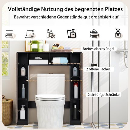 Over-Toilet Bathroom Shelf with Double Doors, Black