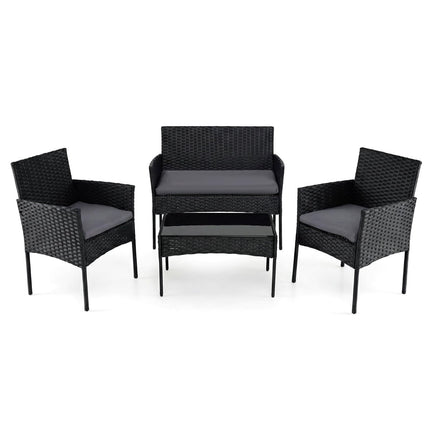 PE Rattan Patio Furniture Set, 4-Piece, Cushions, Glass Table