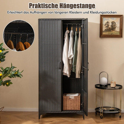PE Rattan Wardrobe with 2 Doors &amp; Clothes rail &amp; 4 compartment wardrobe black