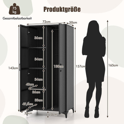 PE Rattan Wardrobe with 2 Doors &amp; Clothes rail &amp; 4 compartment wardrobe black