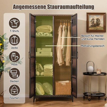 PE Rattan Wardrobe with 2 Doors &amp; Clothes rail &amp; 4 compartment wardrobe brown