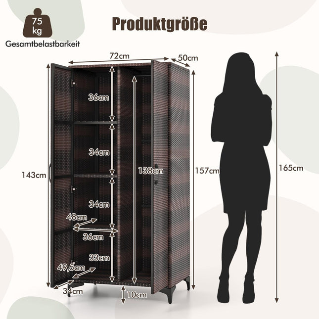 PE Rattan Wardrobe with 2 Doors &amp; Clothes rail &amp; 4 compartment wardrobe brown