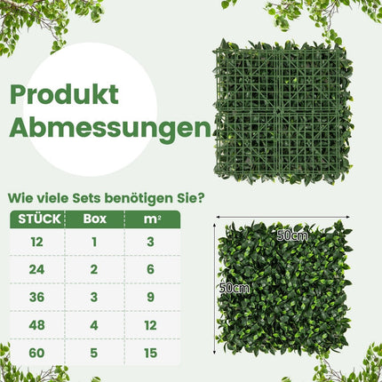 Pack of 12 Artificial Hedge Plant Wall 50.5 x 50.5 cm Simulated Lawn Artificial Plant Green