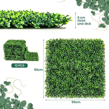 Pack of 12 artificial hedge plant wall 50 x 50 cm panels with boxwood leaves green