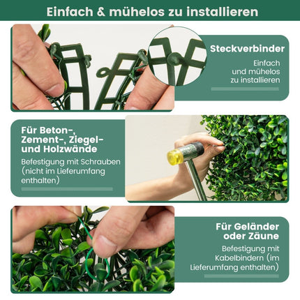 Pack of 12 artificial hedge plant wall 50 x 50 cm panels with boxwood leaves green