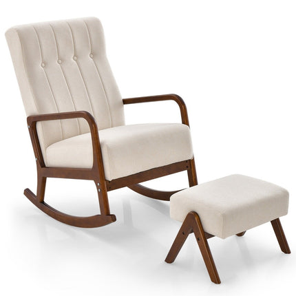 Padded rocking chair with stool & cushions Rocking chair with wooden frame beige
