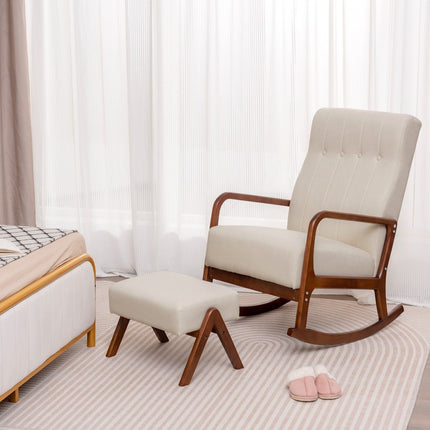 Padded rocking chair with stool & cushions Rocking chair with wooden frame beige