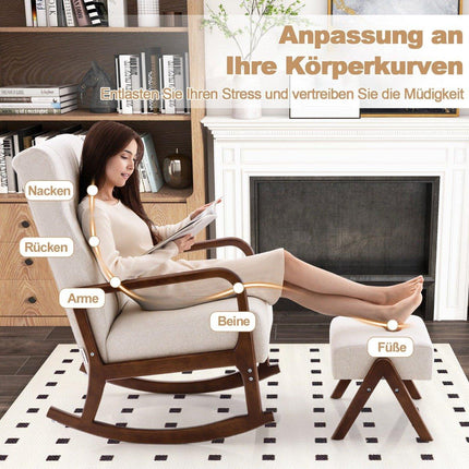 Padded rocking chair with stool & cushions Rocking chair with wooden frame beige