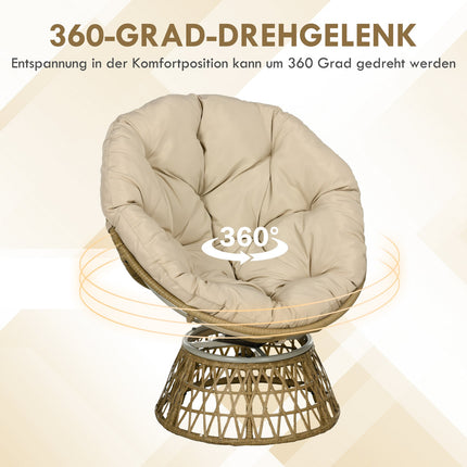 Rattan Rattan Papasan Chair with Cushion - Khaki, 360° adjustable