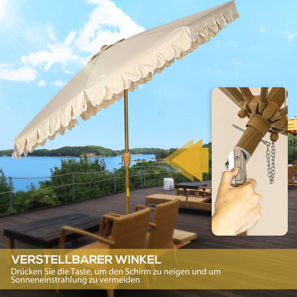 Beach umbrella 265 Cm, fringe design, adjustable tilt, khaki