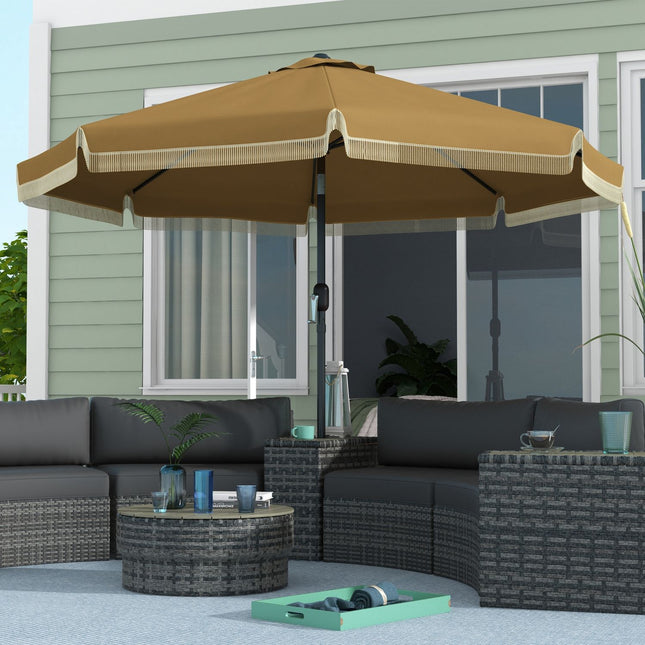 265 cm tilting patio umbrella, khaki, fringes & 8 ribs